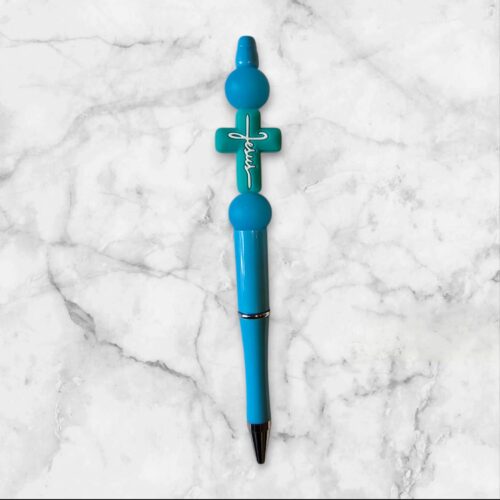 blauwe pen met Jesus-kruisje